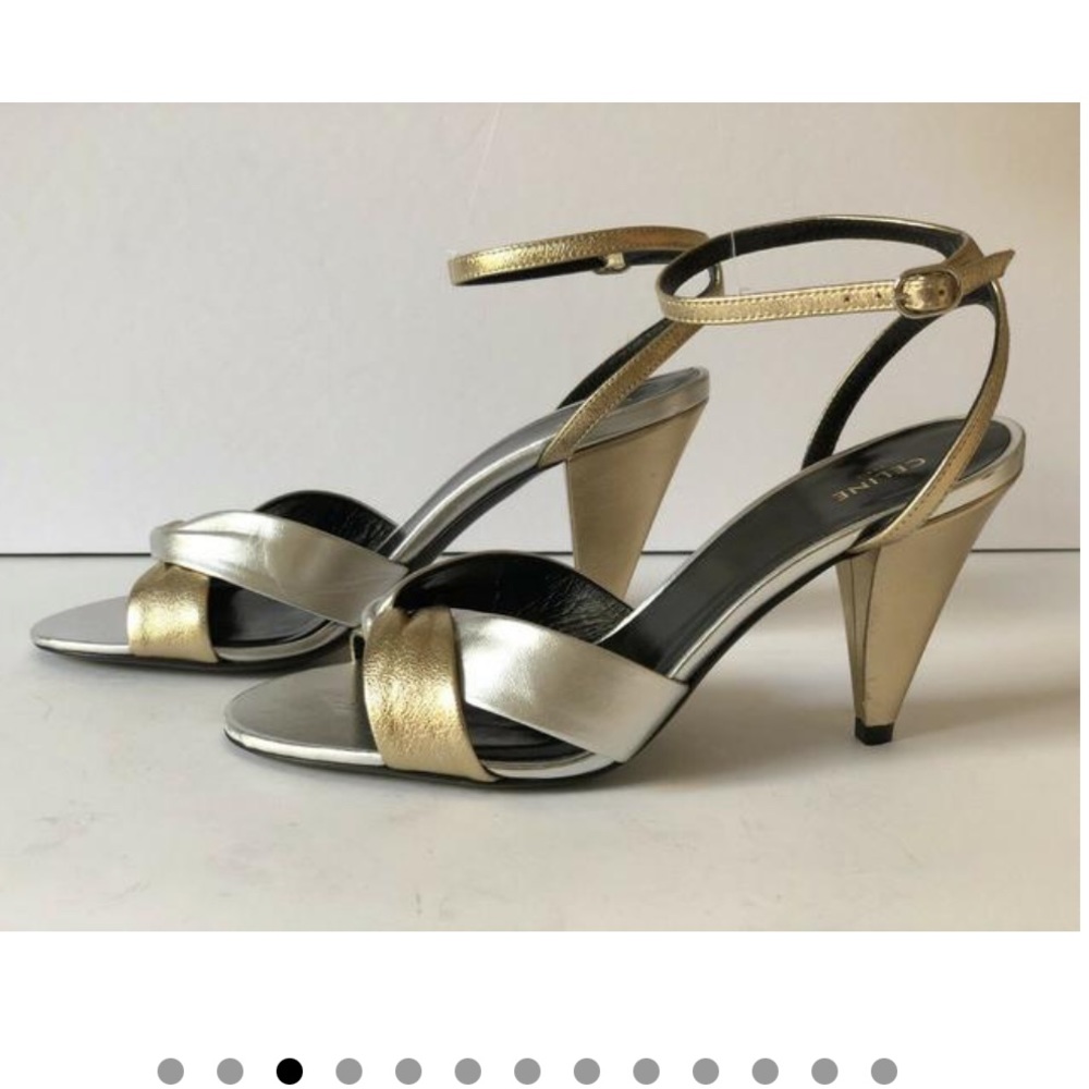 Celine Silver and Gold Metallic Leather Ankle Strap Sandals